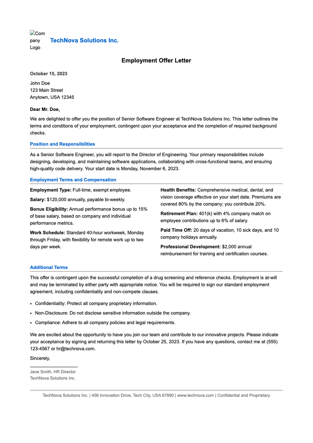 Professional job offer letter template as business letter with iHire branding_variant_2
